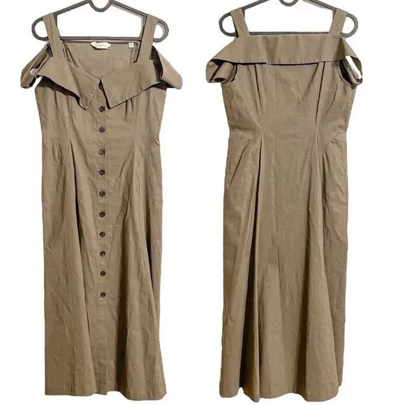 ALC Hudson Cold Shoulder Midi Dress Linen Blend Olive